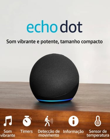 Black Amazon Echo Dot smart speaker with motion detection and temperature sensor icons.