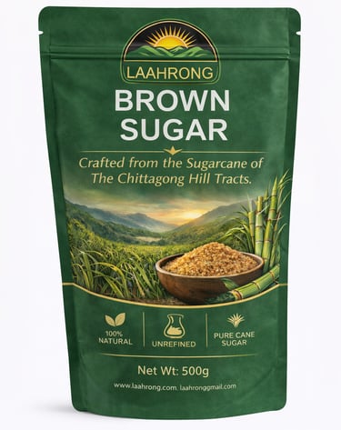Premium brown sugar pouch with transparent window showing coarse granulated sugar, inspi