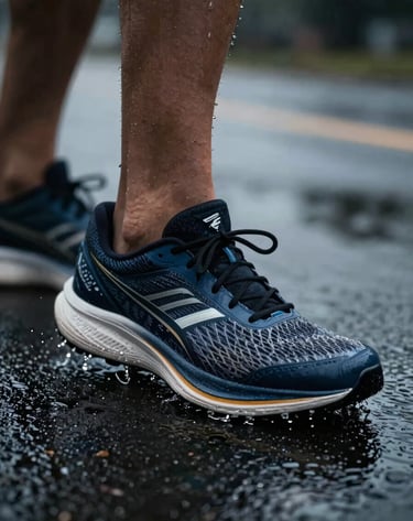 Extreme close-up of high-performance running shoes hitting a wet pavement, capturing the splash of water droplets in sharp focus. Dramatic side lighting, professional sports photography style.