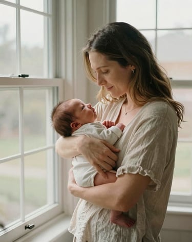 A quiet, cinematic moment of a mother holding her newborn by a large window in a North American / US home. Sun-drenched atmosphere with Soft Sand colored linens.