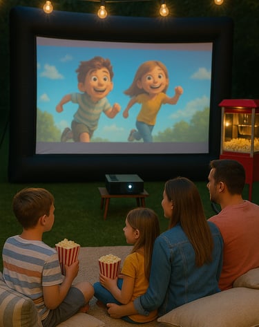 a family watching a movie in a backyard