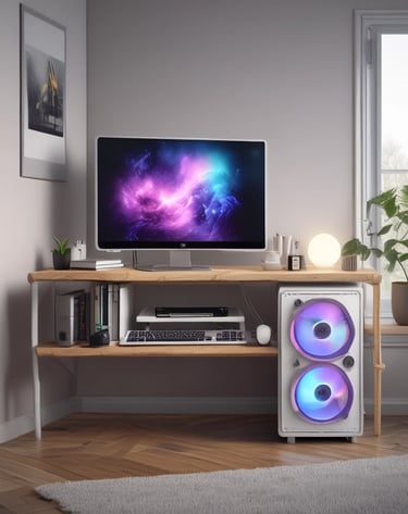a computer with a blue light