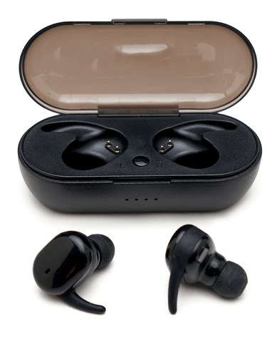 Black wireless Bluetooth earbuds with an open portable charging case on a white background.