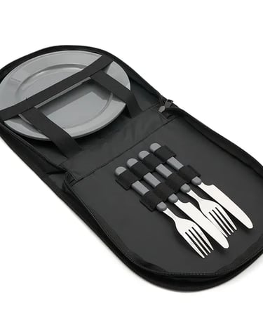 Portable camping cutlery set and plate stored in a black zippered travel case.
