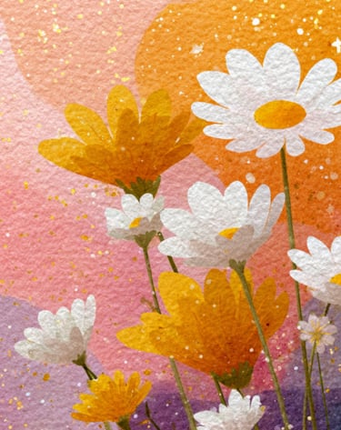 Watercolor painting of daisies and orange flowers on a pink and orange speckled background. 