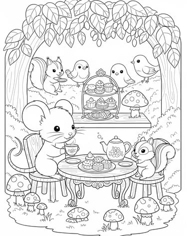 alt="Souris prenant le thé avec d’autres animaux dans un jardin, scène amicale à colorier"