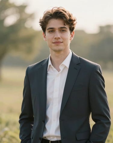 An elegant outdoor portrait of a young professional in a natural setting in West Michigan. The lighting is soft and golden, with a light and airy style using a palette of soft earth and creamy white.