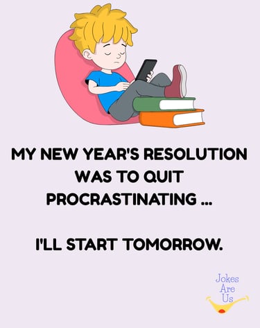 Boy scrolling phone with text, "My new year's res is to quit procrastinating. I'll start tomorrow.