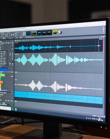 Close-up photography of a large computer monitor in a dark studio displaying complex digital audio workstation waveforms in muted blue and light grey. The shot is angled to show the professional depth of the Southern European production facility in the background.
