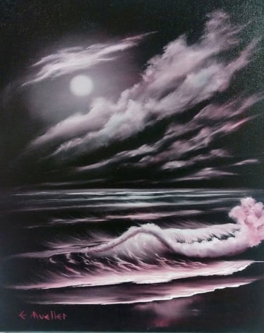 A moody oil painting of a full moon shining over dark ocean waves and purple-tinted clouds.