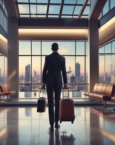 A scenic view of a peaceful vacation destination with mountains and a lake.