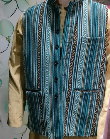 a man's waistcoat or sadri or jawahar jacket or nehru jacket with a blue and white striped handloom 
