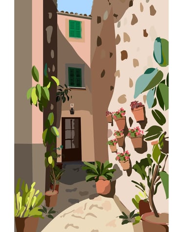 a painting of a house with potted plants