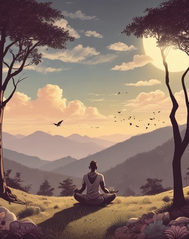 A person is meditating in a seated position with crossed legs on a rock, surrounded by a natural landscape with hills and a clear sky in the background. The individual is wearing a gray t-shirt, shorts, a beanie, and has a relaxed posture with hands resting on their knees.