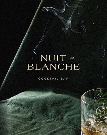 Nuit blanche restaurant bar à Paris, identité visuelle, déclinaison print, menu, invitation et flyer