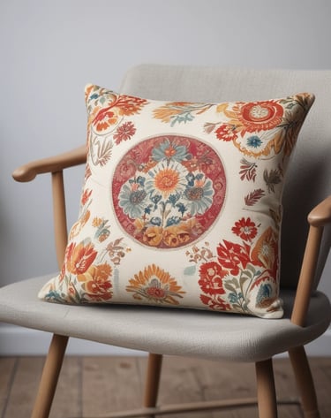 A vibrant display features an assortment of handmade textiles and bags adorned with colorful tassels. The scene is filled with rich patterns and textures, creating an intricate tapestry of colors. Pillows and bags are densely packed, each featuring a unique combination of geometric designs and bold hues.
