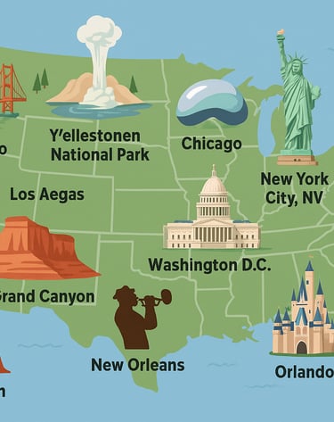 map of the united states with the most famous landmarks