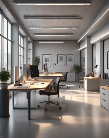 A modern interior space featuring clean lines and an open-concept layout. The area includes glass walls dividing the rooms, a hanging black lamp, a neutral-toned sofa set with cushions, and a sleek, minimalist design. The floor is polished, and the lighting is soft, contributing to a contemporary atmosphere.