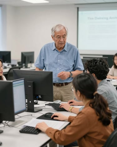 An instructor guiding students through live troubleshooting on an automation system.