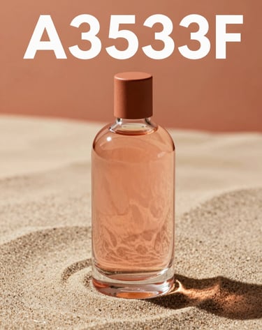 Close-up of a high-end glass bottle on a textured sand surface. Hard, direct lighting creates sharp, defined shadows. The color palette incorporates terracotta (#A3533F) accents in the background. Modern advertising style with a bold, results-oriented look.