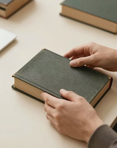 Top-down view of a librarian's hands carefully cataloging a rare book. The workspace is clean and sophisticated, with cream-colored surfaces #F8F6F4 and soft gold #D4B281 lighting that creates a warm, scholarly atmosphere.