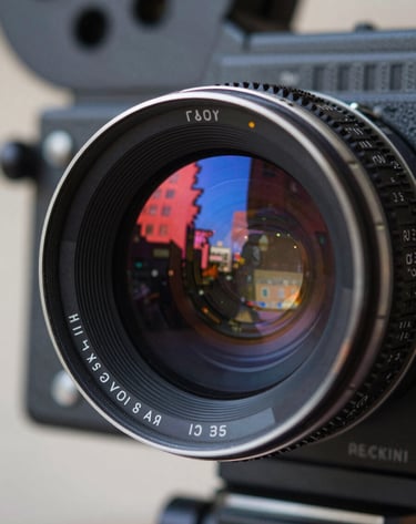 Extreme close-up of a movie camera lens from the 1960s, reflecting a red and blue city scene, graphic flat design, thick black borders like a comic panel.