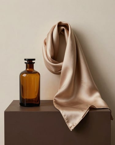 A minimalist still life photograph of curated vintage luxury accessories, including a handcrafted amber glass bottle and a raw silk scarf in muted sand tones. Arranged on a sleek dark mocha pedestal against a clean, warm alabaster wall. Poetic, intimate lighting, editorial luxury layout.