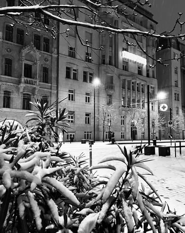 Snowy street view in Budapest