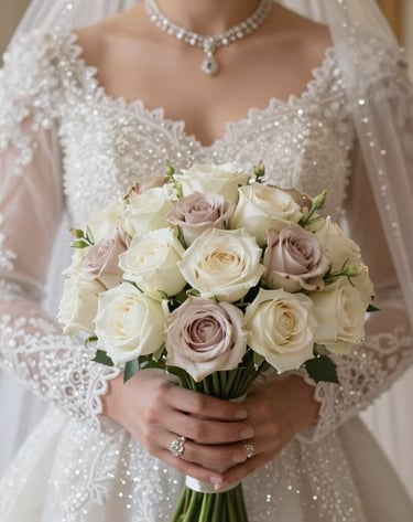 A detailed close-up of a bride's hands adorned with delicate jewelry, holding a bouquet of white and dusty rose roses, soft-focus background of a luxurious Middle Eastern / Gulf wedding hall.