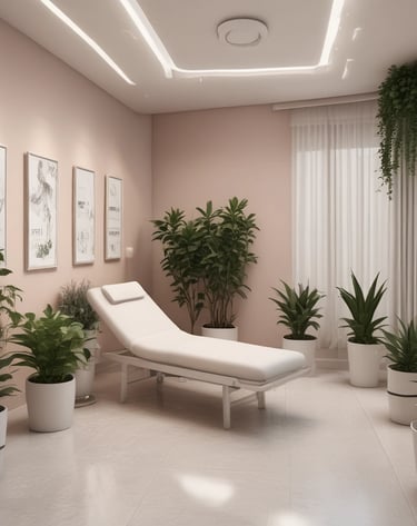 Elegant treatment room with nude and white tones accented by soft rose lighting