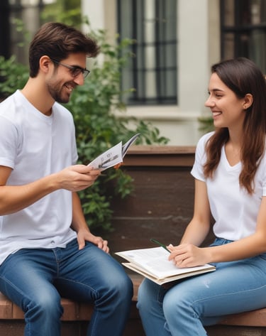 A local business owner handing out sponsored magazines to students at a school event.