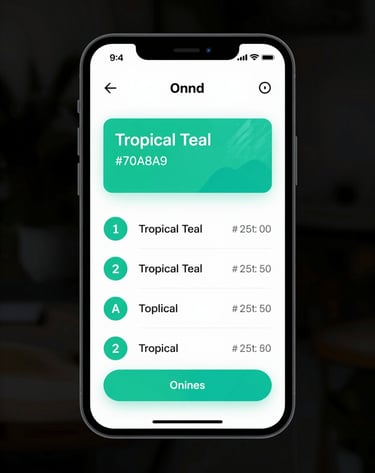 A modern smartphone showcasing a mobile-responsive dashboard. The app UI uses Tropical Teal (#70A8A9) for call-to-action buttons and Black for navigation. High-contrast, sharp focus, professional tech photography style.