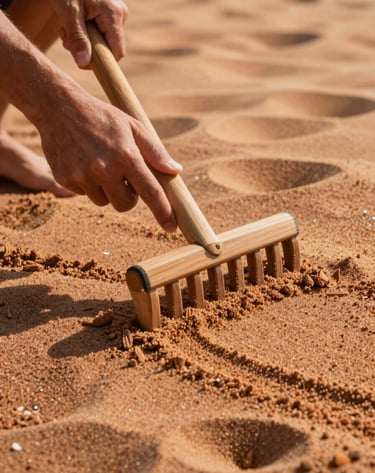 Close-up candid shot of hands using a wooden rake to create textures in soft sand. The lighting is golden and cinematic, highlighting the ridges of the terracotta-hued sand grains.
