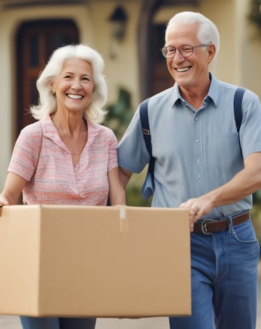 Couple unpacking boxes in a bright, cozy Florida home filled with natural light.