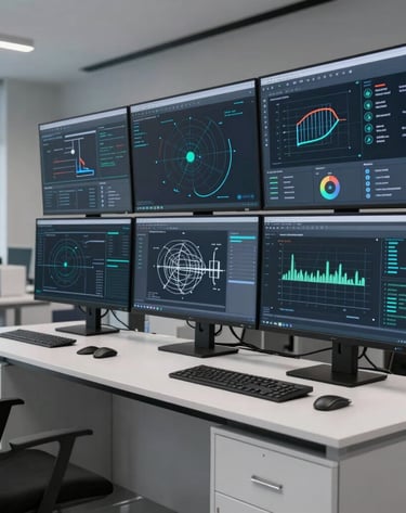 A professional photograph of a modern cybersecurity startup lab in Mexico City. Large displays showcase real-time threat monitoring programs, emphasizing structural engineering and robust digital protection, designed in crisp slate gray and white tones.
