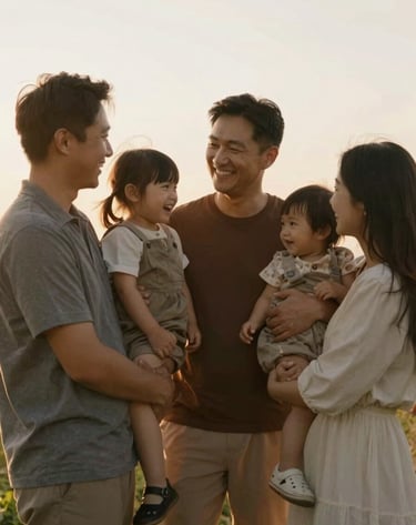 A candid outdoor family portrait during the golden hour, showing connection and laughter, with deep brown #3A3335 and warm gray #6A5F60 elements in the background.