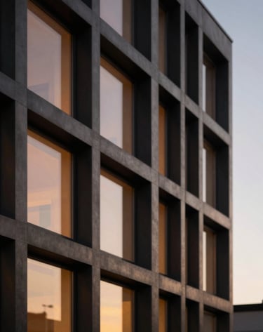 A sharp, geometric detail of a modern facade at twilight. The contrast between deep charcoal (#333333) steel and warm terracotta (#BC6C47) light spilling from a window. Minimalist and profound.
