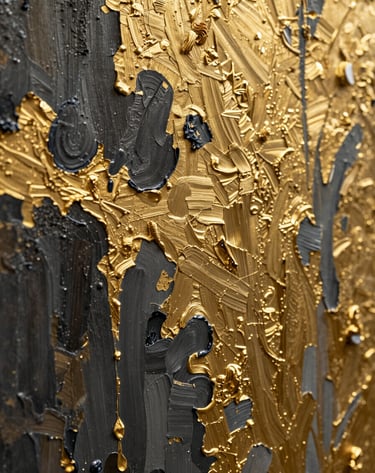 A macro photograph focusing on the intricate gold leaf and oil paint textures of a contemporary artwork. The colors include muted antique gold and dark charcoal, captured in an International / Global Art Scene professional studio setting.