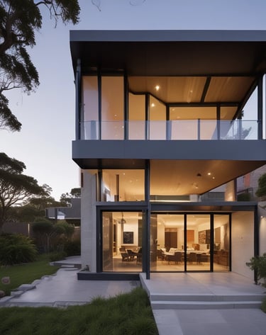 Double-storey home framed and ready for fit-out with clear blue sky above.
