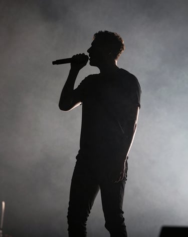 A minimalist, artistic shot of a singer's silhouette against a backlit stage filled with soft grey smoke. The lighting creates an elegant rim light effect around the subject. Professional rock-and-roll photography in a Western European / Dutch club.