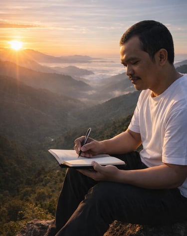 poto armando sinaga sedang menulis di pegunungan,dengan pemandangan matahari terbit dari timur