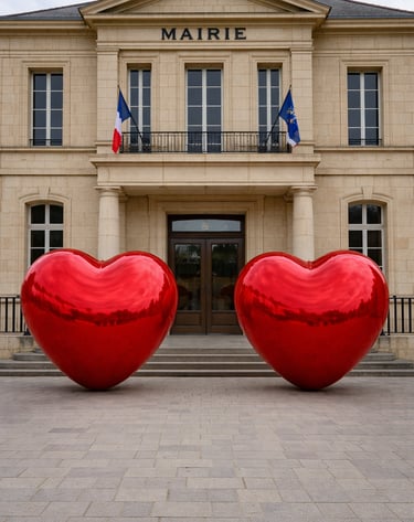 Sphère en forme de coeur devant une mairie