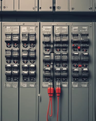 Team of electricians collaborating on outdoor electrical maintenance near power lines