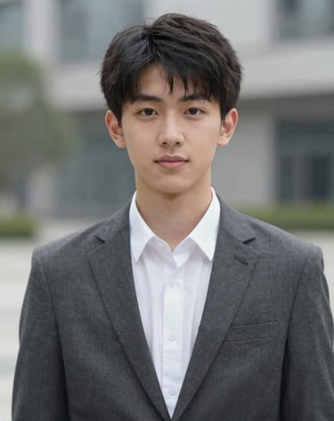 A professional portrait of a high school senior against a soft-focus urban background. The composition is clean and contemporary, using a color palette of #6E6D74 and #F7F5F0 for a sophisticated look.