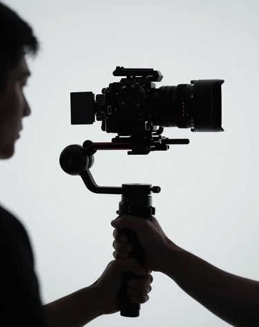 A professional videographer's silhouette against a clean, light gray background (#F2F5F7), holding a gimbal stabilizer, sleek and contemporary audiovisual production vibe.