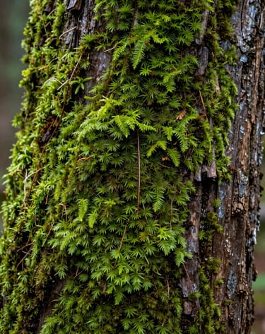 A detailed texture shot of bright green moss growing on a dark cedar trunk in a North American forest, soft natural lighting, emphasizing the sophisticated simplicity of forest details.