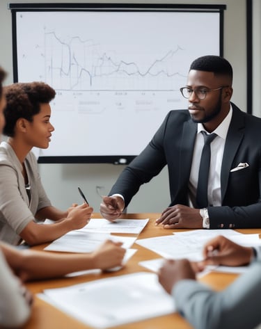 A consultant presenting marketing strategies to attentive clients.