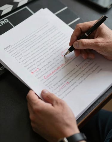Close-up of a film director's hands in a North American / US production studio, carefully reviewing a thick script with red ink annotations. Dark charcoal and rich black tones dominate the frame.