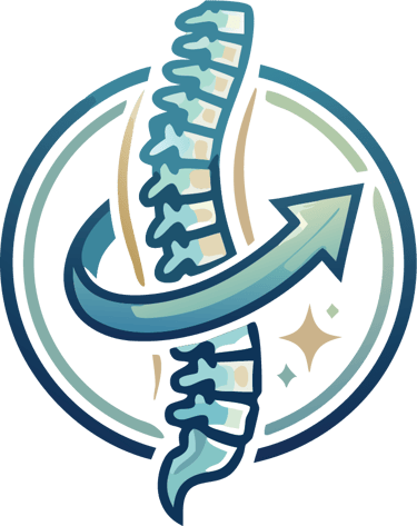Stylized chiropractic logo featuring a human spine illustration with an arrow for spinal alignment and health.
