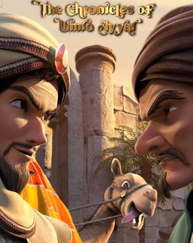 Animated movie poster for The Chronicles of Ummi Ayya featuring two men and a camel.
